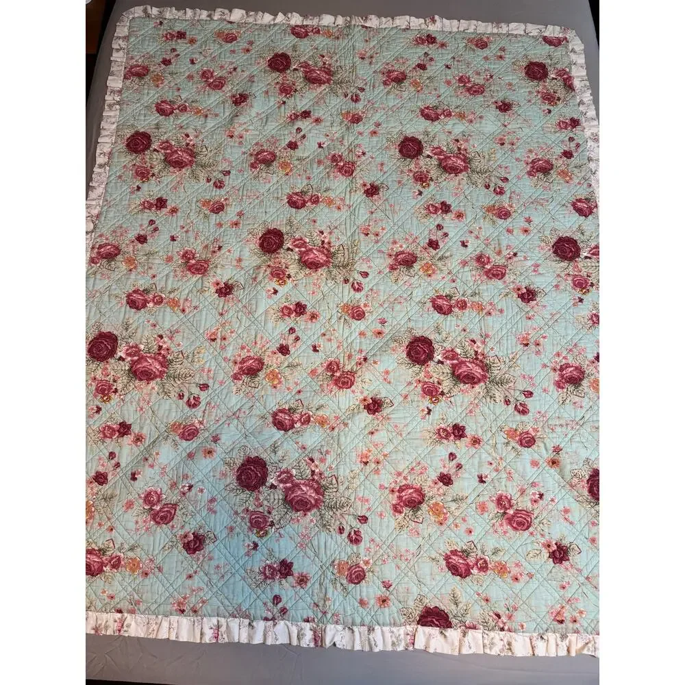 Antique Traditional Floral Romantic Red Rose Quilt Cotton Twin Bedspread Blanket